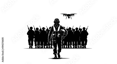 Soldier with Drone and Army Silhouette, Future Warfare Concept