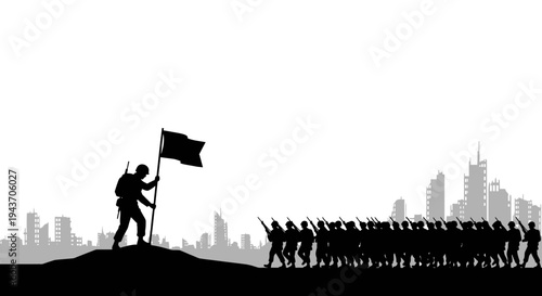 Soldier with Flag Leading Army Towards City Skyline Silhouette