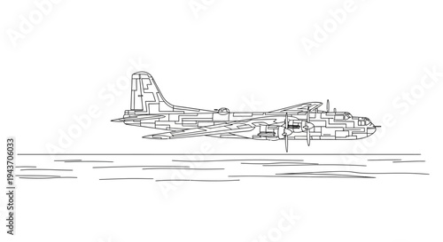 Vintage Bomber Airplane on Runway, Line Art Illustration