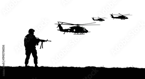 Soldier with Machine Gun and Helicopters in Silhouette Against White Sky