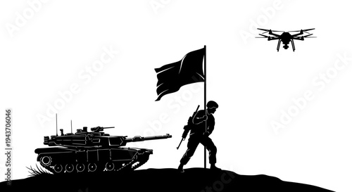 Soldier with Flag and Tank, Drone Overhead, Military Victory Concept