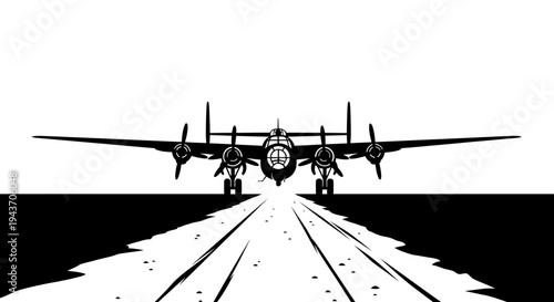 Vintage Bomber Airplane on Runway, Black and White, Retro Aviation