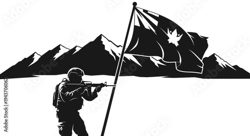 Soldier with Rifle and Flag on Mountain Background