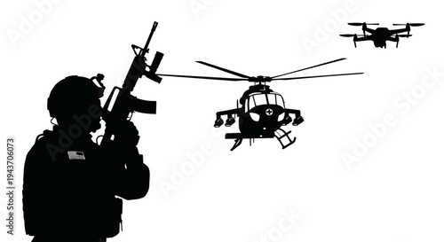 Soldier with Rifle and Military Drones in Sky - Modern Warfare and Surveillance Concept