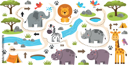 African safari animals map vector illustration with lion, elephant, giraffe, zebra, hippo, rhino and nature landscape elements