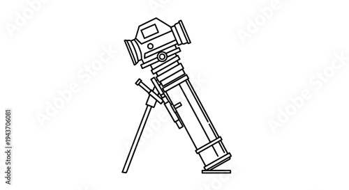 Vintage Military Mortar Weapon, Retro Artillery Gun on Tripod, Line Art Illustration