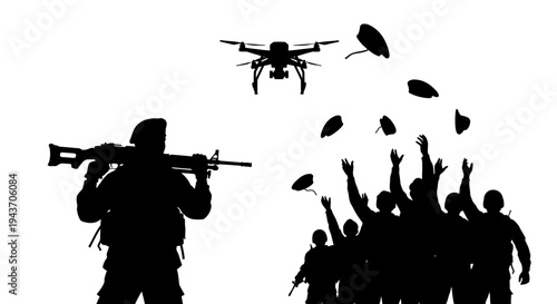 Soldier with rifle watches drone dropping supplies to cheering crowd silhouette
