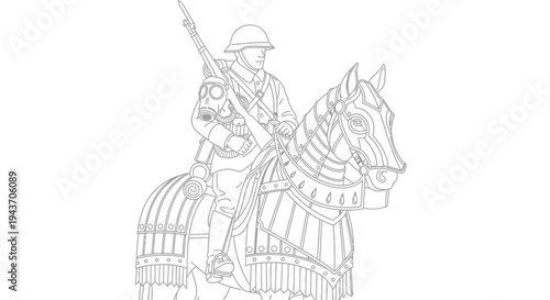 Vintage Soldier on Horseback with Rifle, Military Historical Illustration