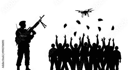 Soldier with rifle watches drone dropping supplies to crowd of people