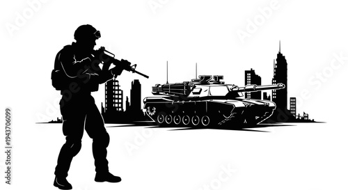 Soldier with Rifle and Tank Silhouette Against City Skyline