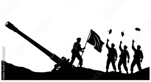 Soldiers Celebrate Victory with Flag and Artillery Silhouette