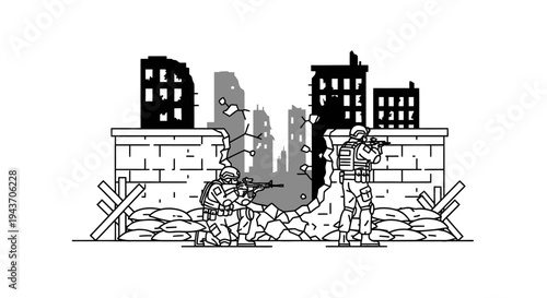 Soldiers in combat, urban warfare, destroyed buildings, sandbags, barricades, military action, conflict zone