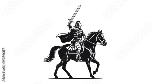 Warrior on Horseback with Sword Raised, Black and White Illustration