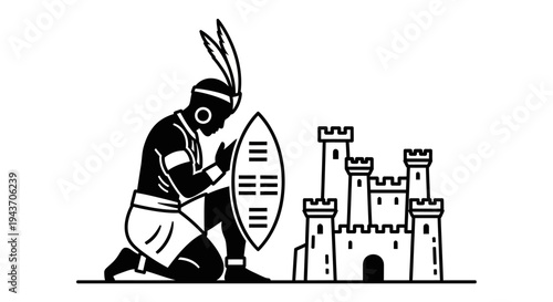 Warrior Kneels Before Castle, Shield Raised, Ancient African Warrior Symbolizing Strength and Protection