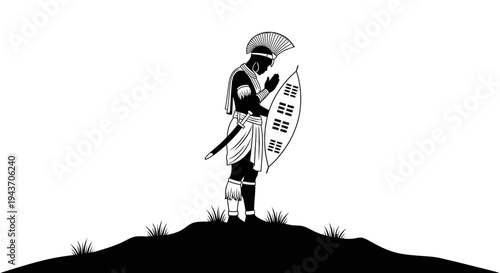 Warrior with Shield and Spear on Hilltop, Traditional African Attire, Black and White