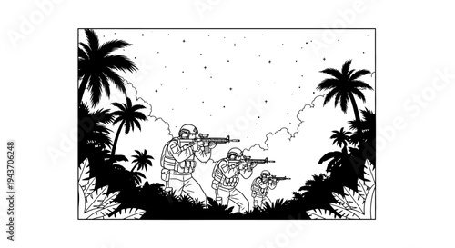 Soldiers in jungle warfare, advancing with rifles, palm trees and tropical foliage.