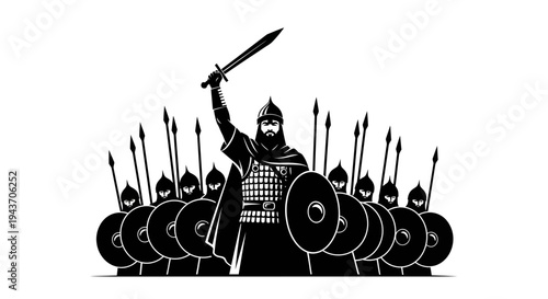 Warrior Leader with Sword and Army of Soldiers, Medieval Battle Scene