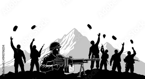 Soldiers Celebrating Victory with Machine Gun and Mountains Background