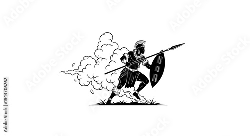 Warrior with Spear and Shield Emerging from Smoke