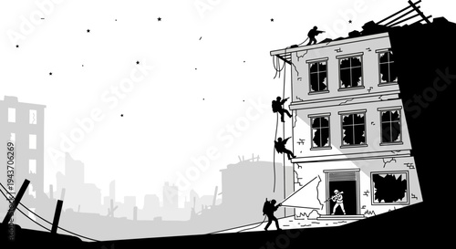 War-torn city, soldiers scaling damaged building, destruction, conflict, urban warfare
