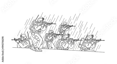 Soldiers in Rain, Combat Ready, Military Operation, Tactical Gear, Armed Forces