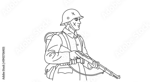 World War 2 Soldier Outline, Holding Rifle, Military Uniform, Helmet, Backpack
