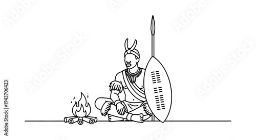 Zulu Warrior Sitting by Campfire with Shield and Spear, Traditional African Culture