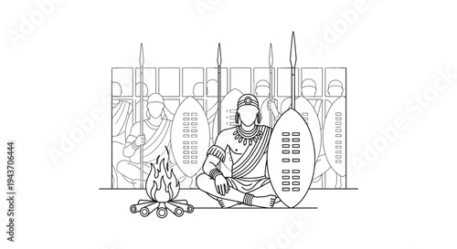 Zulu Warrior Sitting by Fire with Spears and Shields, Traditional African Culture