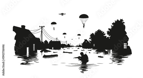 WWII Paratroopers Landing in Flooded Village, Soldier Wading Through Water