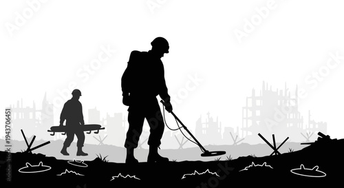 Soldiers searching for mines in war-torn landscape with destroyed buildings and barbed wire