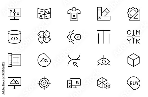 Printing Industry Line Icon Set for Print Shop, Offset Printing, Packaging, Publishing and Graphic Production Outline Vector Collection