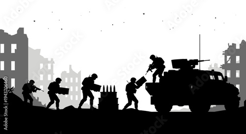 Soldiers Unloading Ammunition from Military Vehicle in Ruined City Silhouette