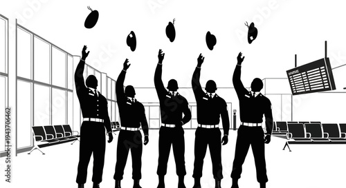 Soldiers Throwing Caps in Airport Terminal Celebrating Departure