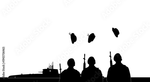 Soldiers with rifles and submarine silhouette, throwing butterflies, symbolic freedom concept