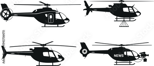 Set of professional helicopter silhouettes featuring news media chopper with camera equipment private transport aircraft and emergency rescue helicopters for aviation and broadcast industry