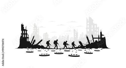 Soldiers walking through destroyed city ruins, post-apocalyptic landscape, war aftermath
