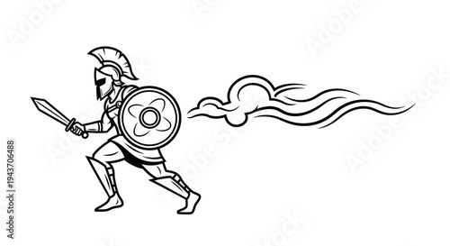 Spartan Warrior Running with Sword and Shield, Smoke Trail