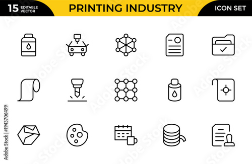 Printing Industry Line Icon Set for Print Shop, Offset Printing, Packaging, Publishing and Graphic Production Outline Vector Collection