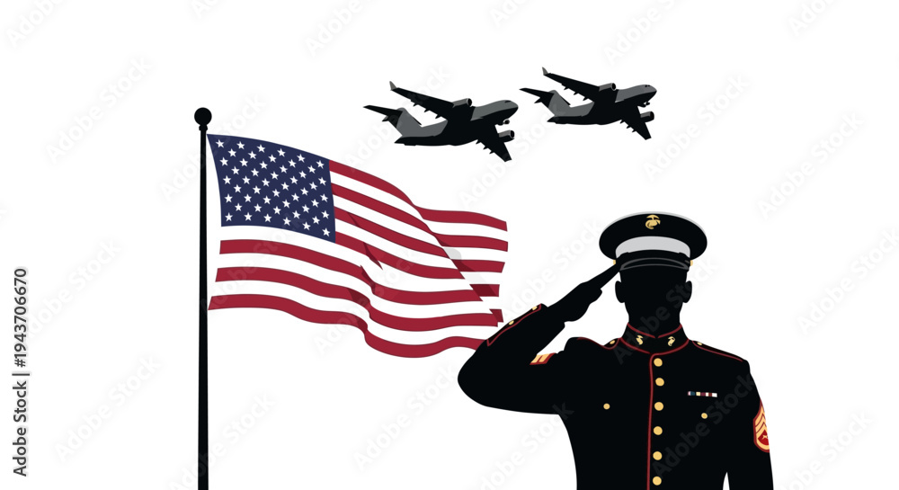 Obraz premium US Marine Salutes American Flag with Fighter Jets Flying Overhead