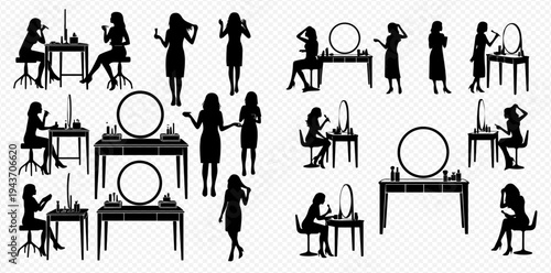 Set of black silhouettes of women doing makeup and styling hair at a dressing table with a mirror, in various poses, isolated on a white background.