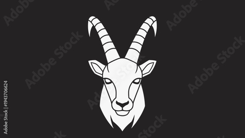 White Ibex Head Illustration on Black Background.