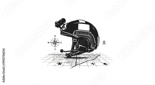 Tactical Helmet with Compass and Map on Grid Background - Military Strategy Concept