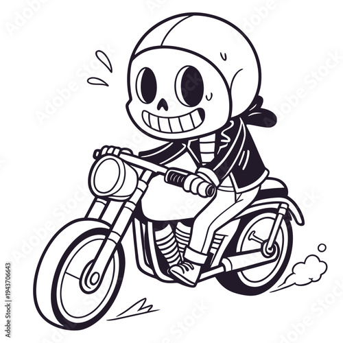 Cartoon skeleton riding motorcycle with a happy expression on white background