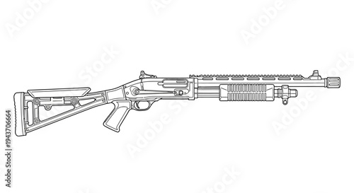 Tactical Shotgun Line Drawing, Modern Firearm Illustration, Weapon Blueprint Style