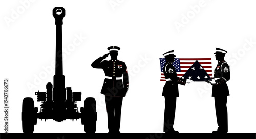 US Marines Honor Guard with Howitzer and Flag Ceremony Silhouette