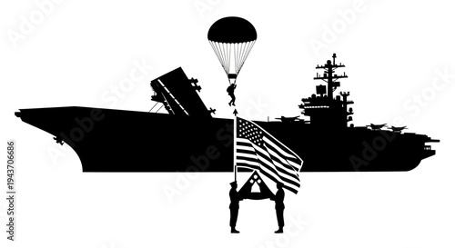 US Navy Aircraft Carrier Silhouette with Parachutist and American Flag