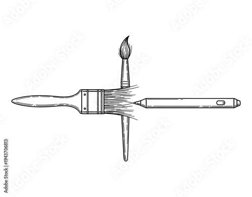 Artistic Paint Brushes and Drawing Pen Vector Illustration, Minimalist Hand Drawn Sketch of Art Supplies and Stationery Tools Isolated on White Background for Creative Design.