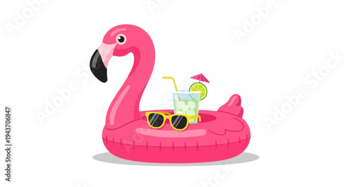 Vector pink flamingo pool float with sunglasses and cocktail