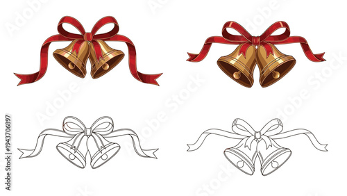 Collection of golden Christmas bells with red ribbons and bows shown in colored and line art styles for festive designs.