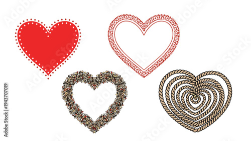 Collection of four decorative heart shaped frames in different styles including floral rope and solid red patterns.